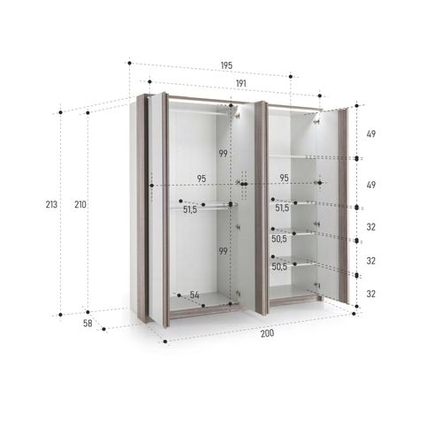 Armoire 4 portes battantes Led PESARO laqué gris/chêne gris