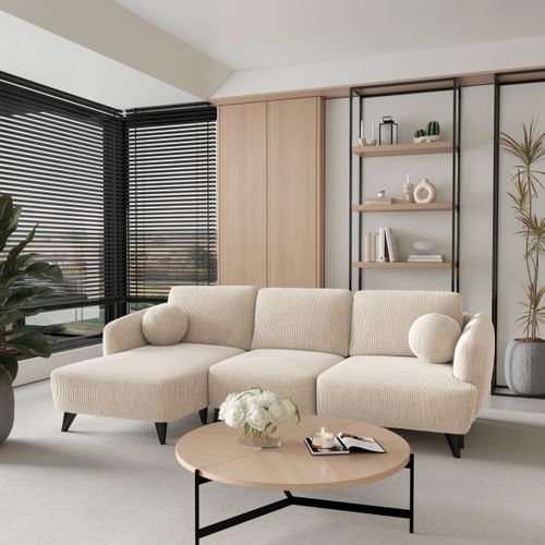 Canapé d'angle méridienne BERTHA tissu velours côtelé beige