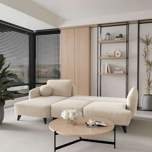 Canapé d'angle méridienne BERTHA tissu velours côtelé beige