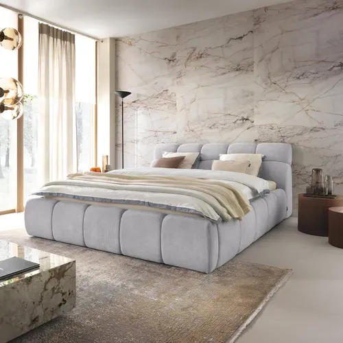 Lit coffre 140x200 cm JULIA effet bubble tissu gris clair vue d'ambiance 1