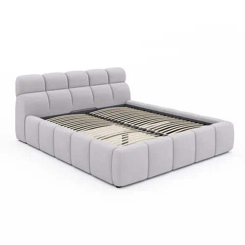 Lit coffre 140x200 cm JULIA effet bubble tissu gris clair vue de profil