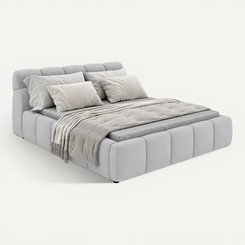 Lit coffre 140x200 cm JULIA effet bubble tissu gris clair vue 3/4