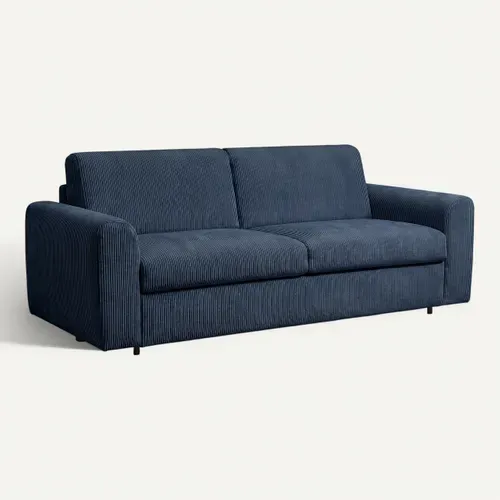Canapé convertible express 3 places CLAYVE en velours côtelé bleu matelas 13 cm vue 3/4