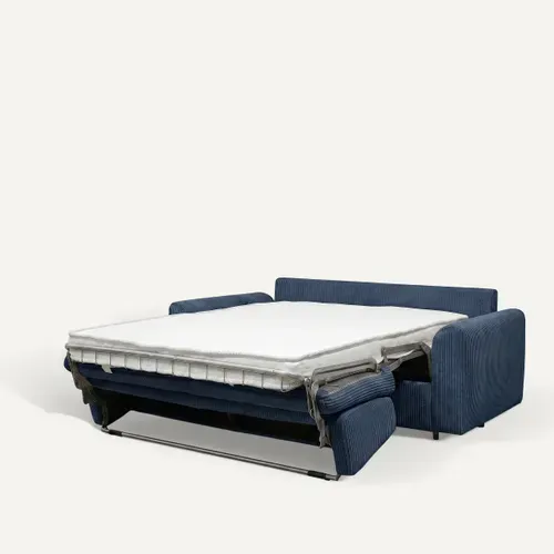 Canapé convertible express 3 places CLAYVE en velours côtelé bleu matelas 13 cm