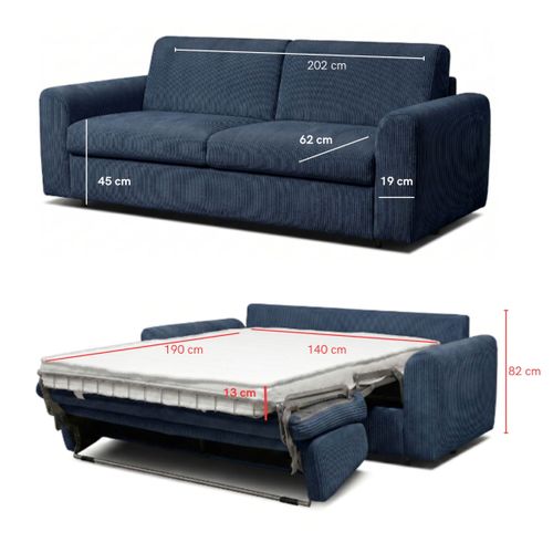 Canapé convertible express 3 places CLAYVE en velours côtelé bleu matelas 13 cm