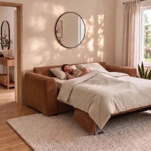 Canapé convertible express 3 places CLAYVE en velours côtelé terra matelas 13 cm