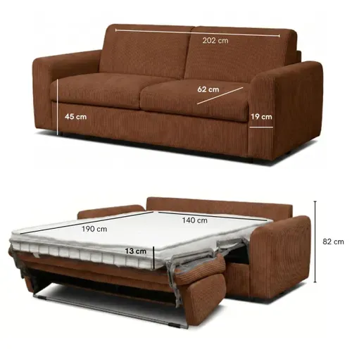 Canapé convertible express 3 places CLAYVE en velours côtelé terra matelas 13 cm