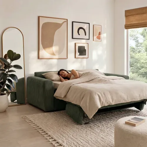 Canapé convertible express 3 places CLAYVE en velours côtelé vert matelas 13 cm