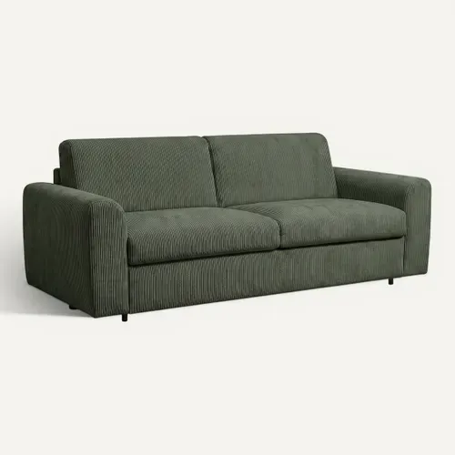 Canapé convertible express 3 places CLAYVE en velours côtelé vert matelas 13 cm vue 3/4