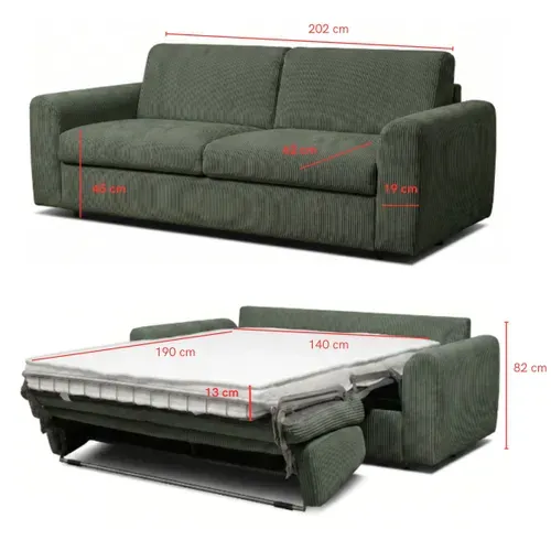 Canapé convertible express 3 places CLAYVE en velours côtelé vert matelas 13 cm