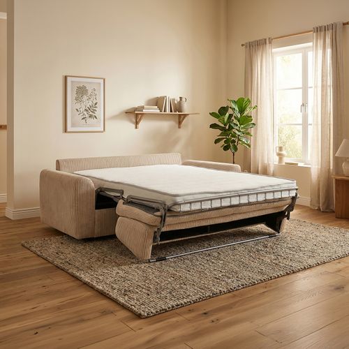 Canapé convertible express 3 places CLAYVE en velours côtelé beige matelas 13 cm vue d'ambiance 1