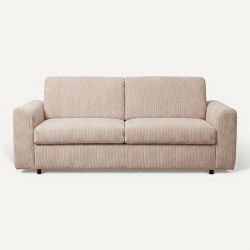 Canapé convertible express 3 places CLAYVE en velours côtelé beige matelas 13 cm vue de face