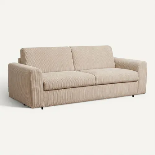 Canapé convertible express 3 places CLAYVE en velours côtelé beige matelas 13 cm vue 3/4