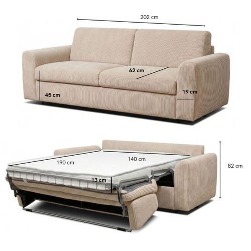 Canapé convertible express 3 places CLAYVE en velours côtelé beige matelas 13 cm
