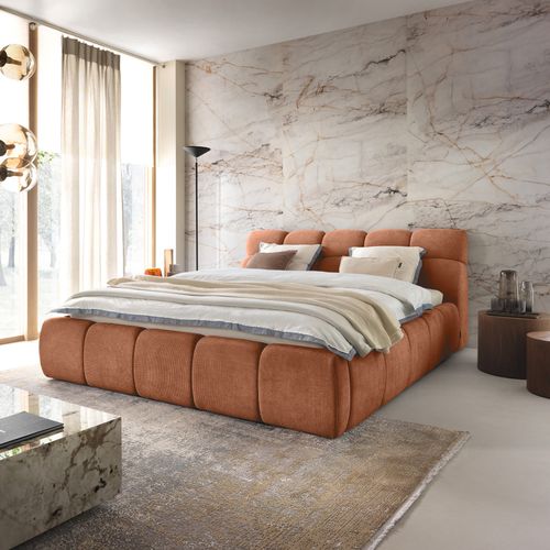 Lit coffre 180x200 cm JULIA effet bubble tissu terracota vue d'ambiance 1