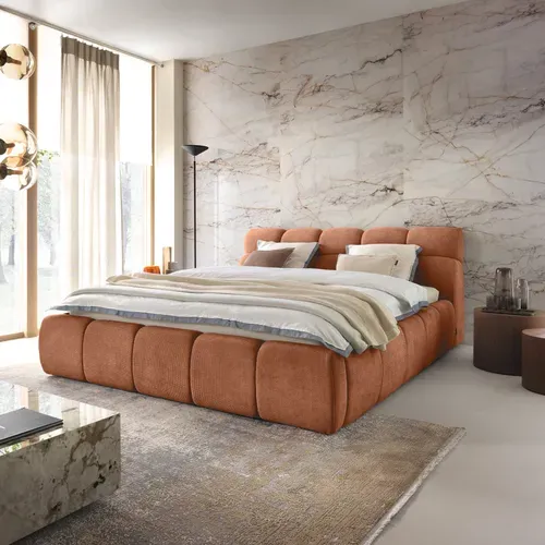 Lit coffre 160x200 cm JULIA effet bubble tissu terracota vue d'ambiance 1