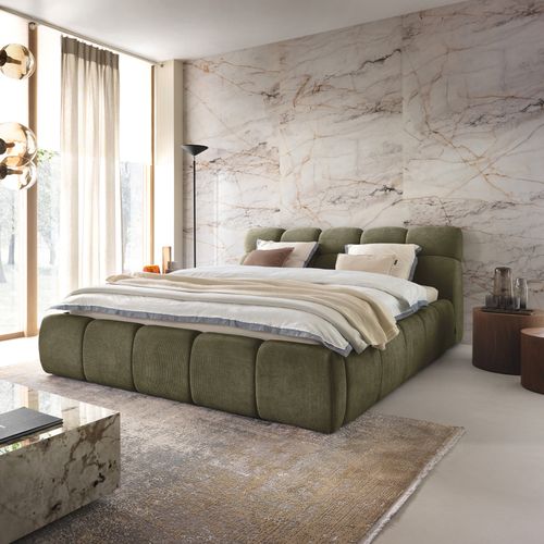 Lit coffre 140x200 cm JULIA effet bubble tissu vert vue d'ambiance 1