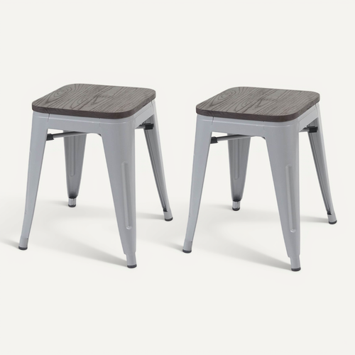 Lot De 2 Tabourets Bas Assise En Bois Empilable En Métal Design Industriel En Métal Gris 04_000050