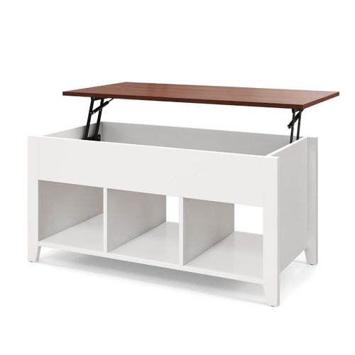 Table Basse Salon Avec Plateau Relevable - 100x50x47 Cm, 3 Compartiments, Effet Marbre Blanc - Moderne, Rangement Pratique