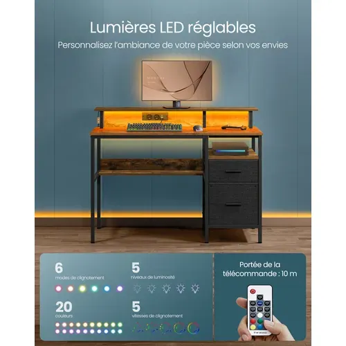 Bureau Gaming Avec Lumières LED Et Multiprise Bureau Informatique Avec Support D'écra