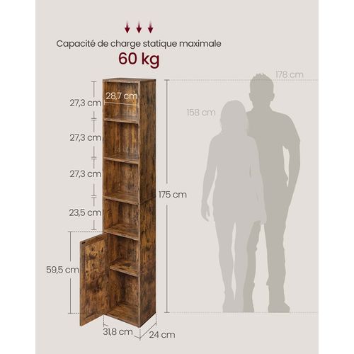 Bibliothèque Étagère Haute Sur 6 Niveaux Avec Porte Meuble De Rangement Ouvert 24 X 3