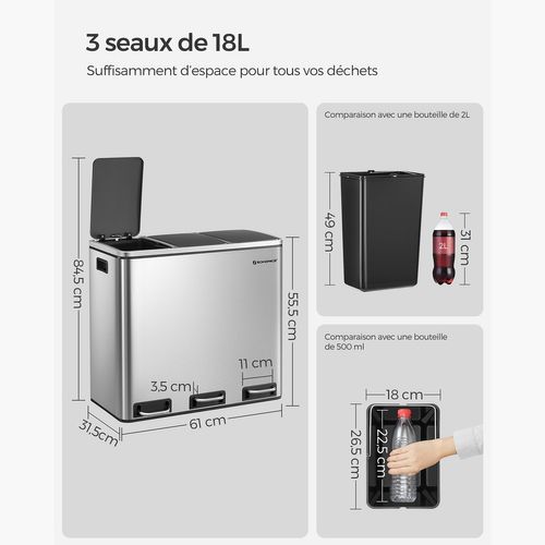 Poubelle De Recyclage Poubelle Triple Seau 3 X 18 Litres 3 Compartiments Mécanisme Ta