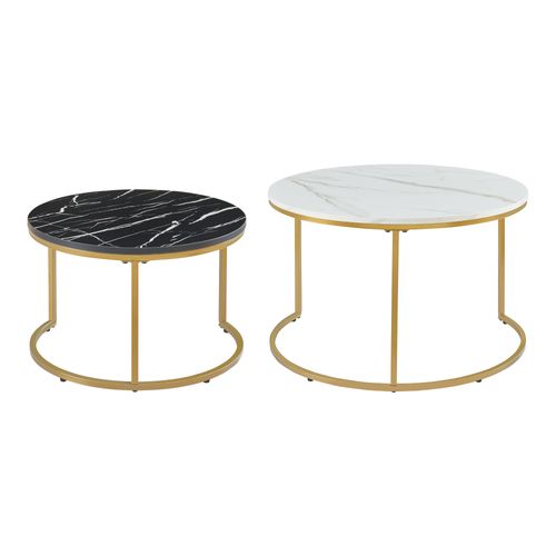 Set De 2 Tables Basses Rondes Gigognes Effet Marbre Blanc Noir Doré 03_0010597