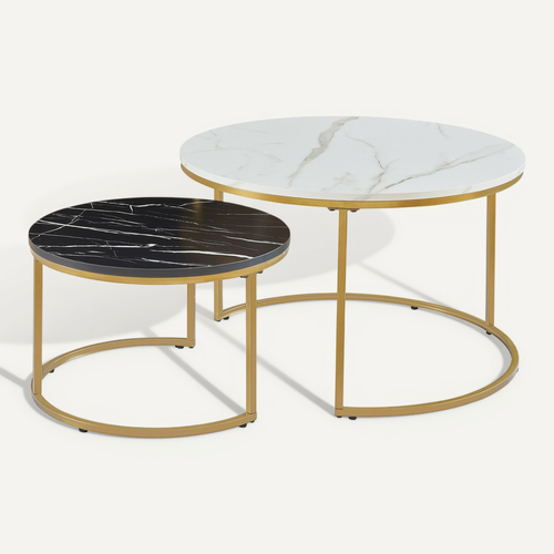 Set De 2 Tables Basses Rondes Gigognes Effet Marbre Blanc Noir Doré 03_0010597