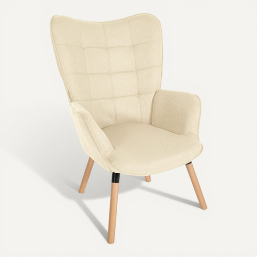 Fauteuil De Lecture Chambre Lounge Rembourré Revêtement En Tissu Crème Pieds En Bois 10_0003623
