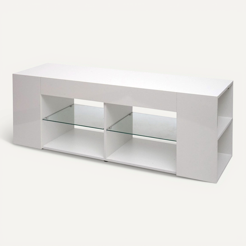 Meuble TV Avec 2 étagères En Verre 50 X 144 X 40 Cm Compartiment De Rangement Blanc Brillant 04_00