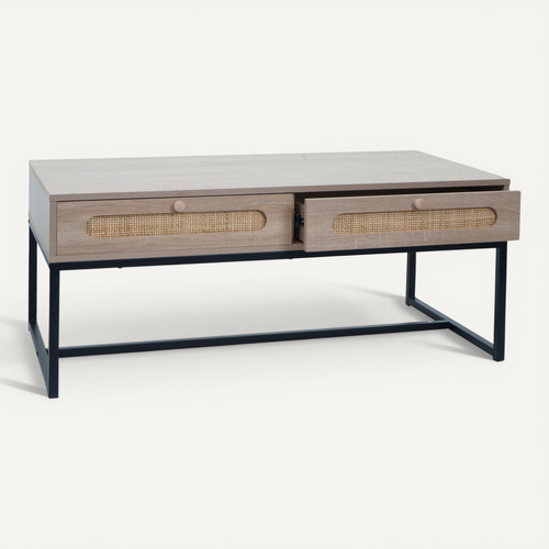 Table Basse Table D'appoint Avec Deux Tiroirs Kubu Rotin Bois Mélamine Aspect Chêne 04_0008450