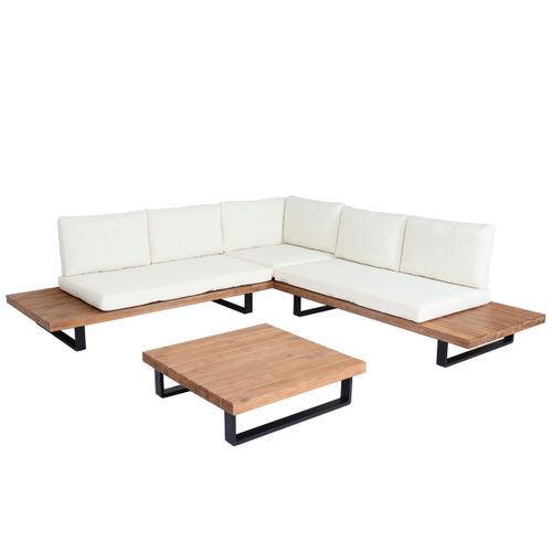 Salon De Jardin Ensemble Lounge 5 Places 255x255 Cm Aluminium Et Bois D’acacia Avec Coussins Crème