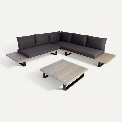 Salon De Jardin Ensemble Lounge 5 Places 255x255 Cm Aluminium Et Bois D’acacia Avec Coussins Gris