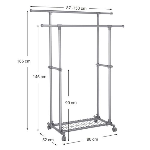 Portant Double Barre Porte-vêtements Mobile Extensible Entre 87 à 150 Cm Avec Roulett