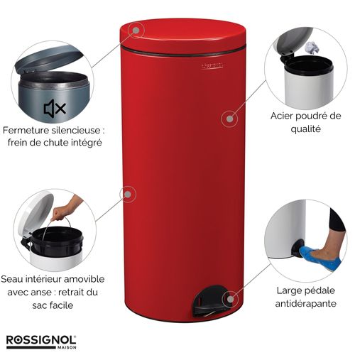 Poubelle De Cuisine à Pédale 30l Fabriqué En France - Sania Rossignol Rouge