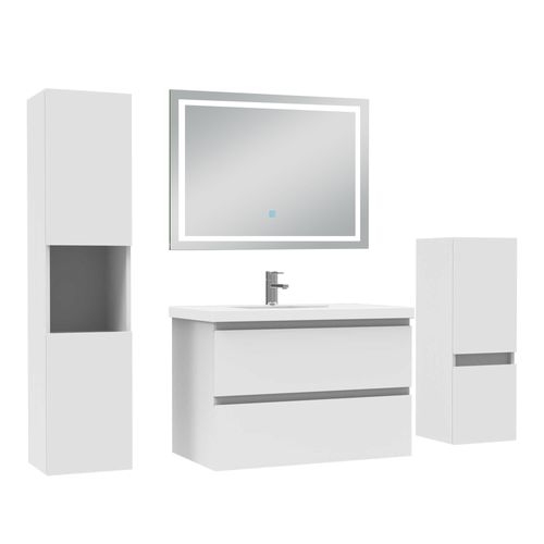 Ensemble Meuble De Salle De Bain 80cm, Vasque + Colonne + LED Miroir,blanc