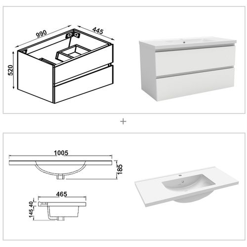 Meuble De Salle De Bain à Deux Tiroirs Avec Lavabo Et Miroir LED Antibuée - Blanc L.100cm Suspendu