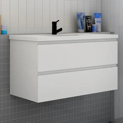 Meuble De Salle De Bain à Deux Tiroirs Avec Lavabo Et Miroir LED Antibuée - Blanc L.100cm Suspendu