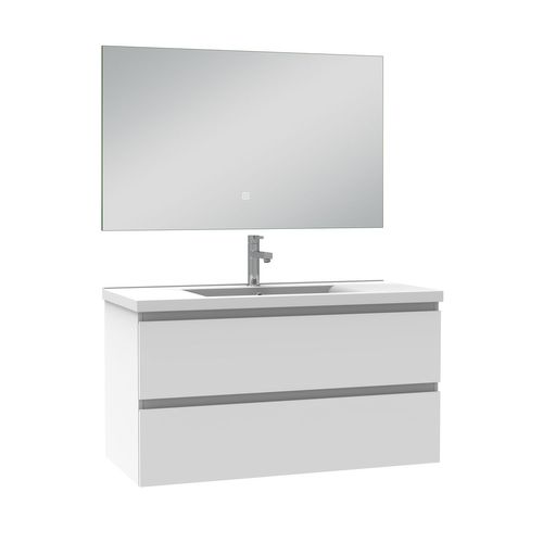 Meuble De Salle De Bain à Deux Tiroirs Avec Lavabo Et Miroir LED Antibuée - Blanc L.100cm Suspendu