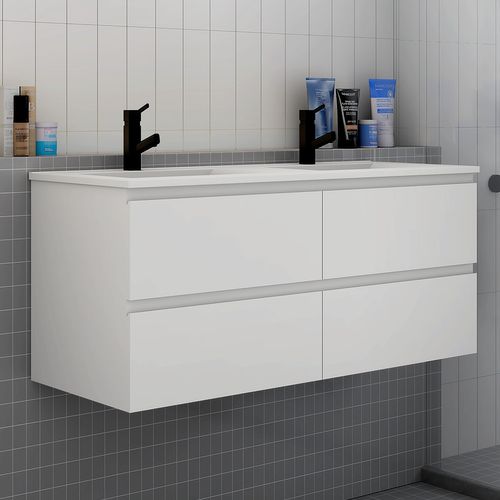 Ensemble Meuble 120cm Blanc 4 Tiroirs, Lavabo Céramique +miroir Bluetooth +2 Colonnes,