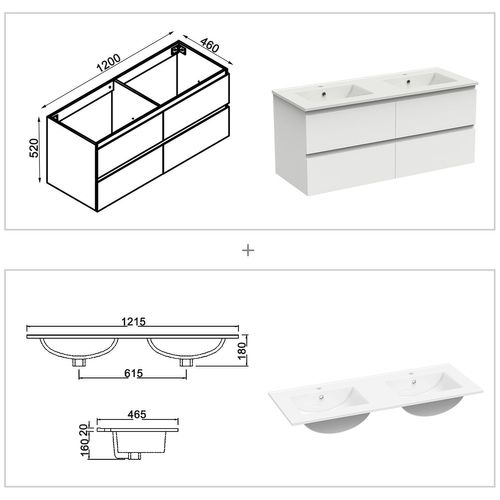 Ensemble Meuble 120cm Blanc 4 Tiroirs, Lavabo Céramique +miroir Bluetooth +2 Colonnes,