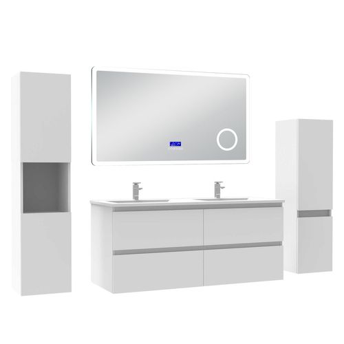 Ensemble Meuble 120cm Blanc 4 Tiroirs, Lavabo Céramique +miroir Bluetooth +2 Colonnes,