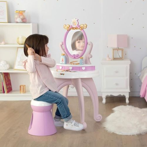 Coiffeuse Enfant 2 En 1 - Miroir Ajustable, Tabouret Et Accessoires