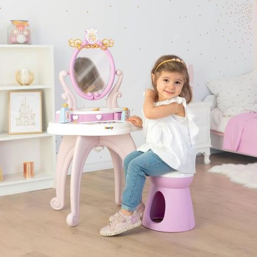 Coiffeuse Enfant 2 En 1 - Miroir Ajustable, Tabouret Et Accessoires