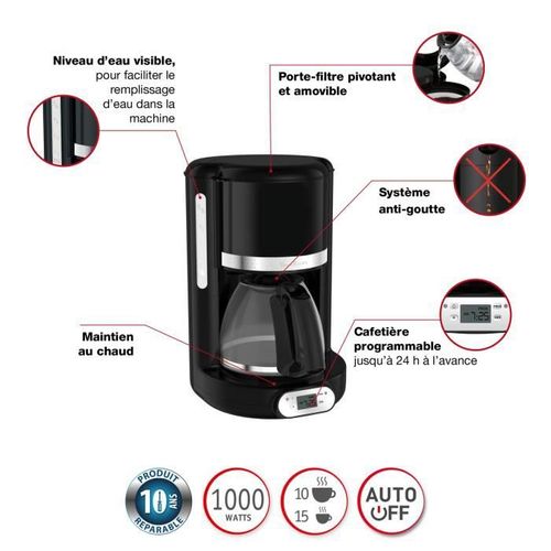 Cafetière Filtre Programmable 10/15 Tasses - Verseuse Verre 1.25 L - 1000 W - Noir - Fg380b10 Soleil