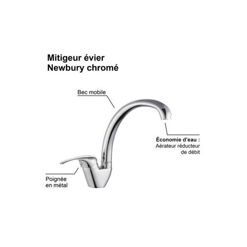 Mitigeur évier Newbury Chromé Bec Pivotant Cartouche Céramique D.35