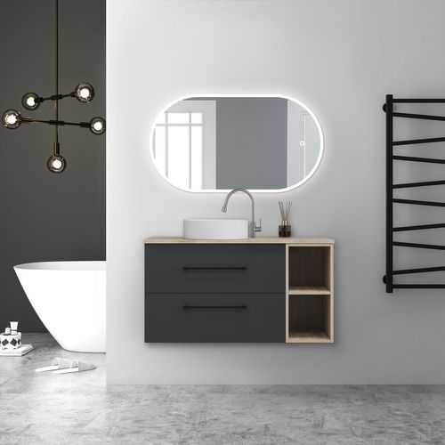 Ensemble Meuble Salle De Bain 99x46x52cm, Lavabo + Miroir LED Ovale, Suspendu