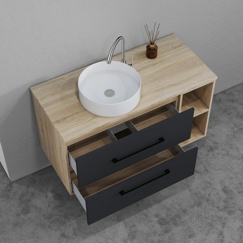 Ensemble Meuble Salle De Bain 99x46x52cm, Lavabo + Miroir LED Ovale, Suspendu