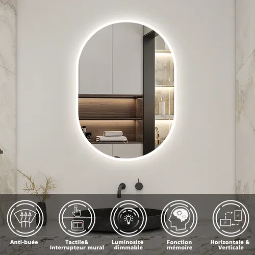 Ensemble Meuble Salle De Bain 99x46x52cm, Lavabo + Miroir LED Ovale, Suspendu