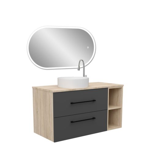 Ensemble Meuble Salle De Bain 99x46x52cm, Lavabo + Miroir LED Ovale, Suspendu